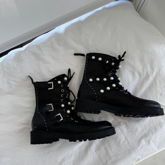 Zara Pearl Embellished Authentic Leather Black Biker Ankle Boots - Picture 11 of 13
